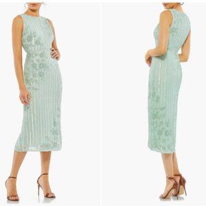 MAC DUGGAL 70260 SEQUIN STRIPE & FLORAL SEAFOAM SHEATH MIDI DRESS sz 14